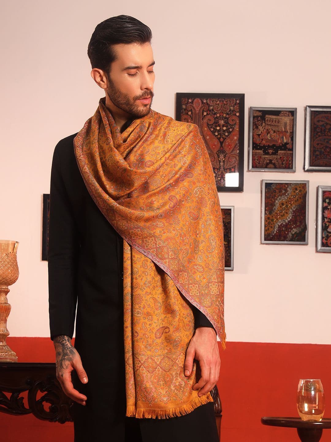 Pashmoda Men Paisley Woven Design Stole with Fringed Border - view 1