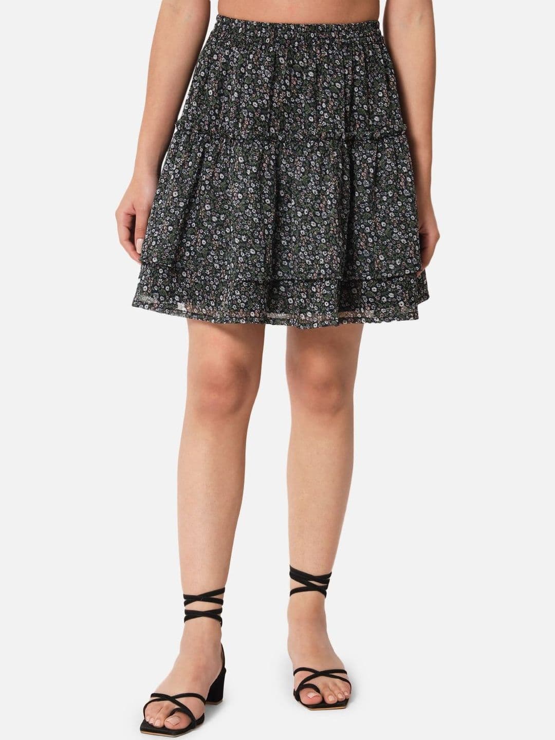 SZN Women Black Floral Printed Georgette Tiered Skirt - view 1