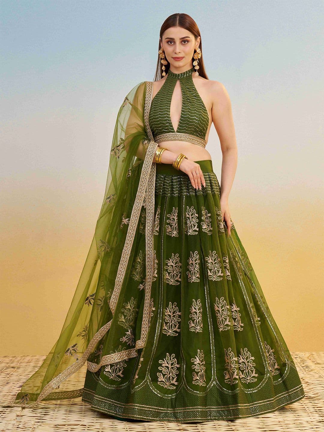 ETHNIC PLUS Sequinned Embroidered Lehenga Choli With Dupatta - view 1