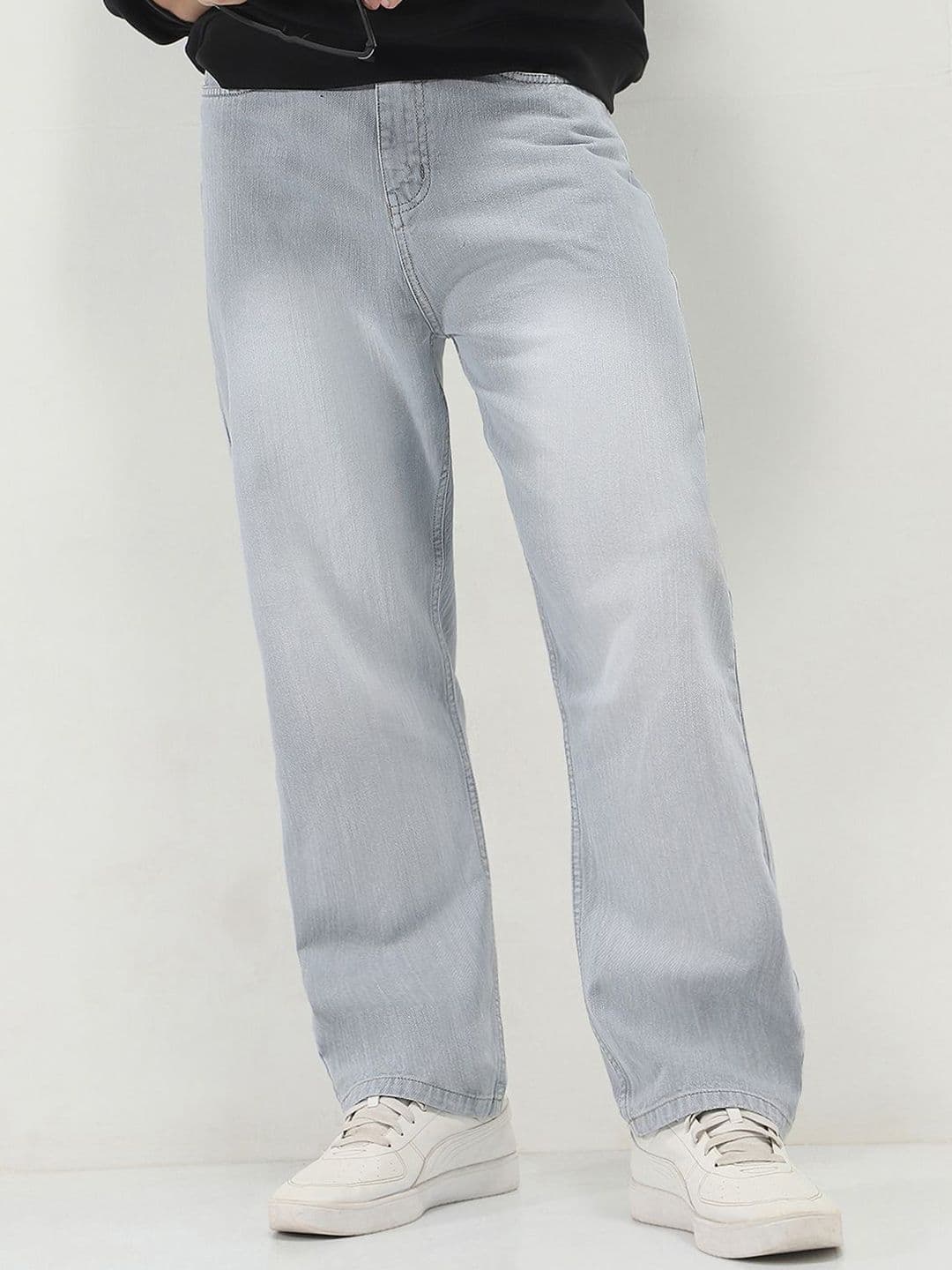 Urbano Fashion Men Loose Relaxed Fit Mid-Rise Light Fade Cotton Washed Denim Jeans