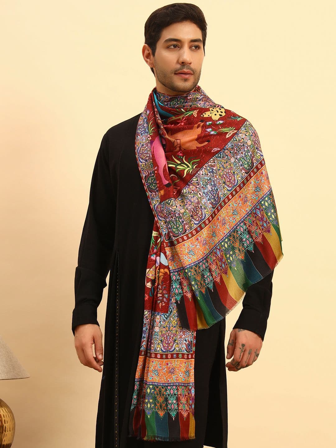 Pashmoda Men Floral Printed Woollen Stole With Fringed border - view 1