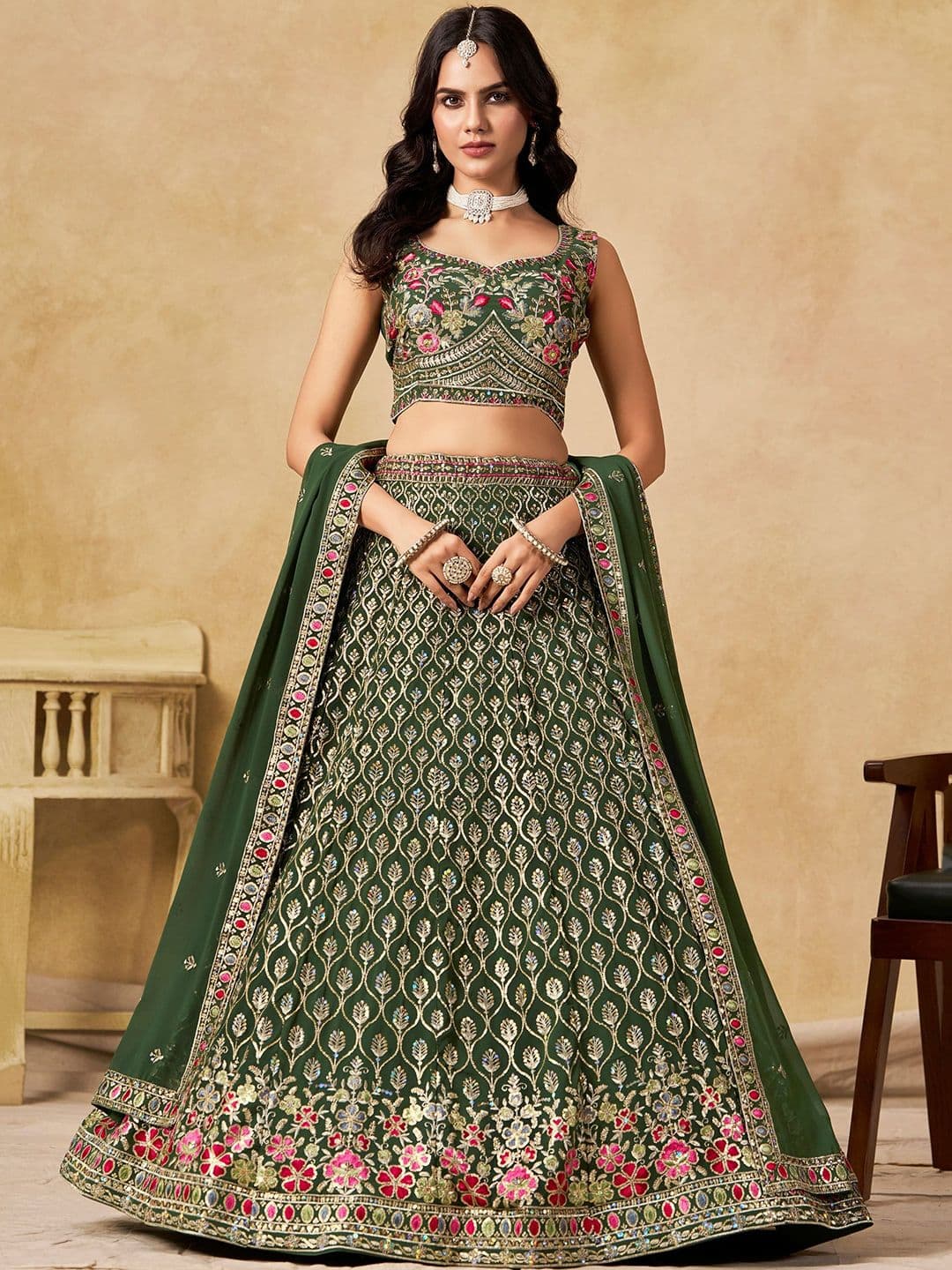 ETHNIC PLUS Embroidered Sequinned Semi-Stitched Lehenga & Unstitched Blouse With Dupatta - view 1