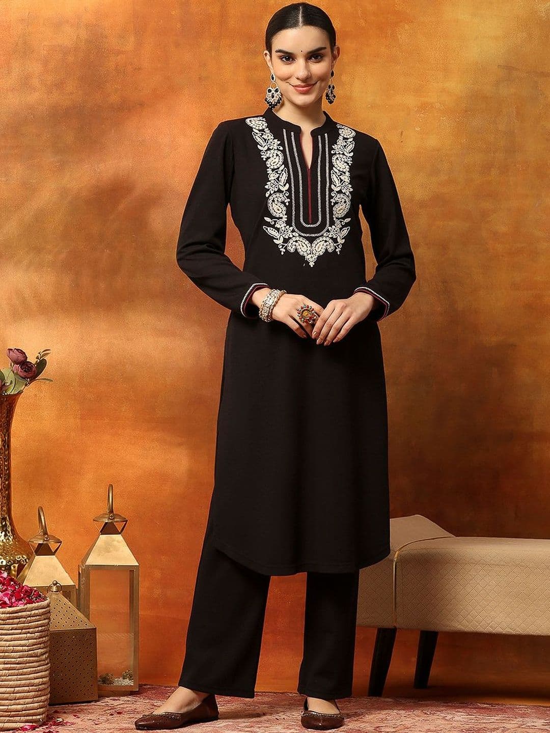 Nayam By Lakshita Women Wool Blend Kurta Set with Embroidered Yoke - view 1
