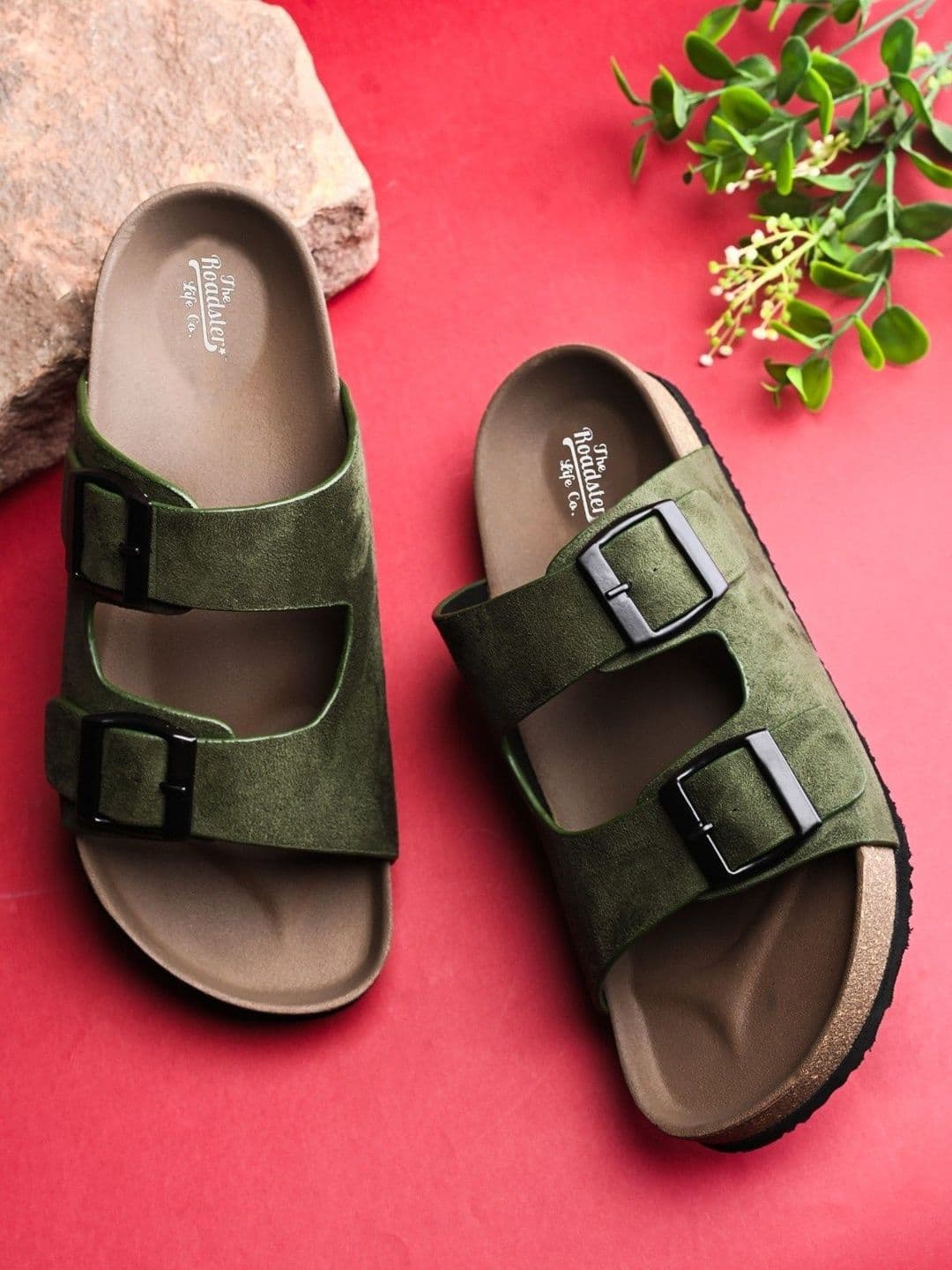 Roadster Men Olive Solid Synthetic Leather Slip On Comfort Sandals - view 1