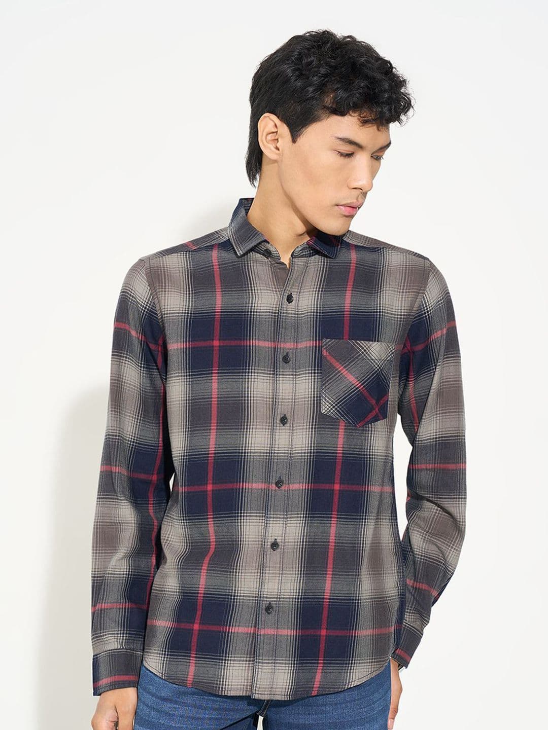 SF JEANS by Pantaloons Men Slim Fit Tartan Checked Spread Collar Pure Cotton Casual Shirt - view 1