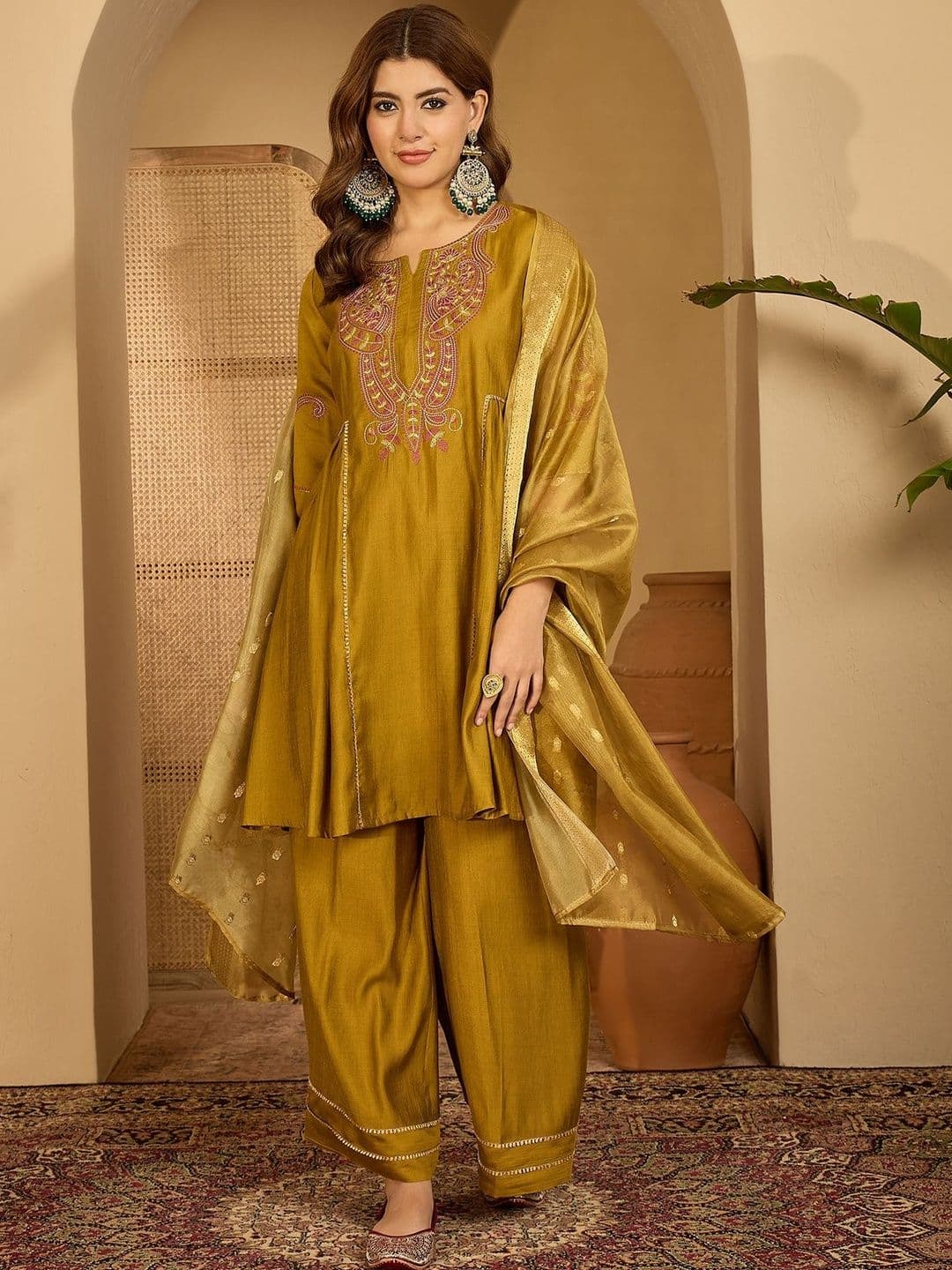 Sangria Women Olive Embroidered Kurta Sets With Dupatta - view 1