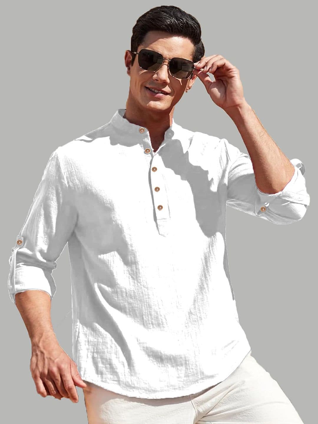 TrendiVastra Men Mandarin Collar Roll-Up Sleeves Cotton Straight Short Kurta - view 1