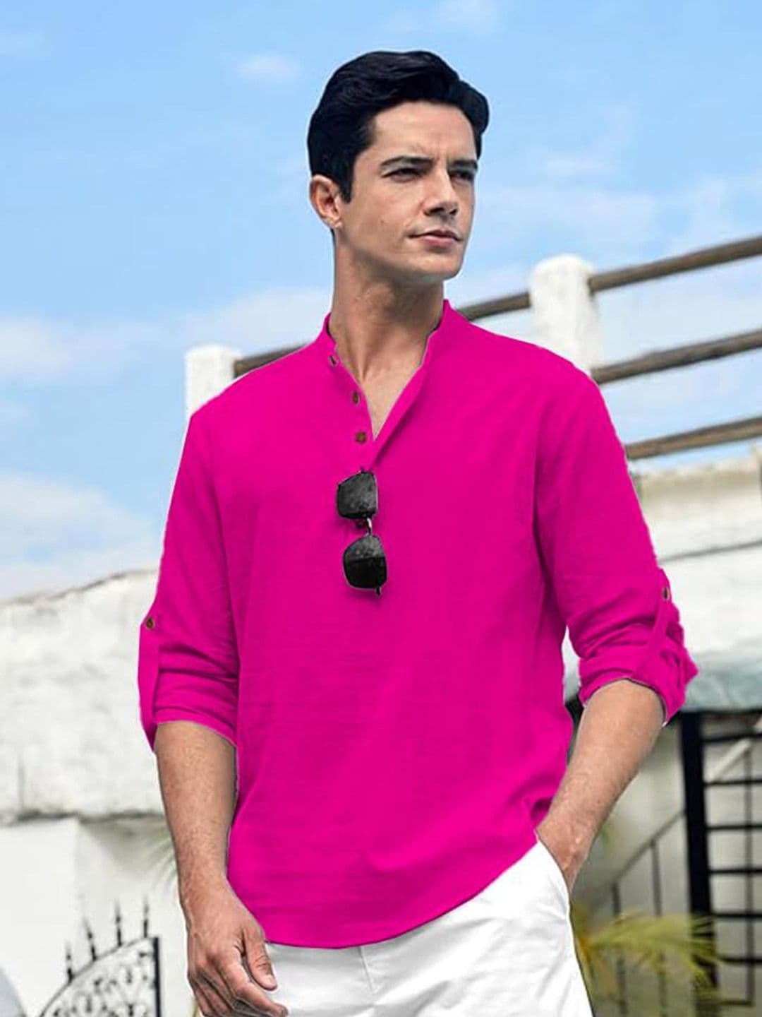 TrendiVastra Men Mandarin Collar Roll-Up Sleeves Kurta - view 1