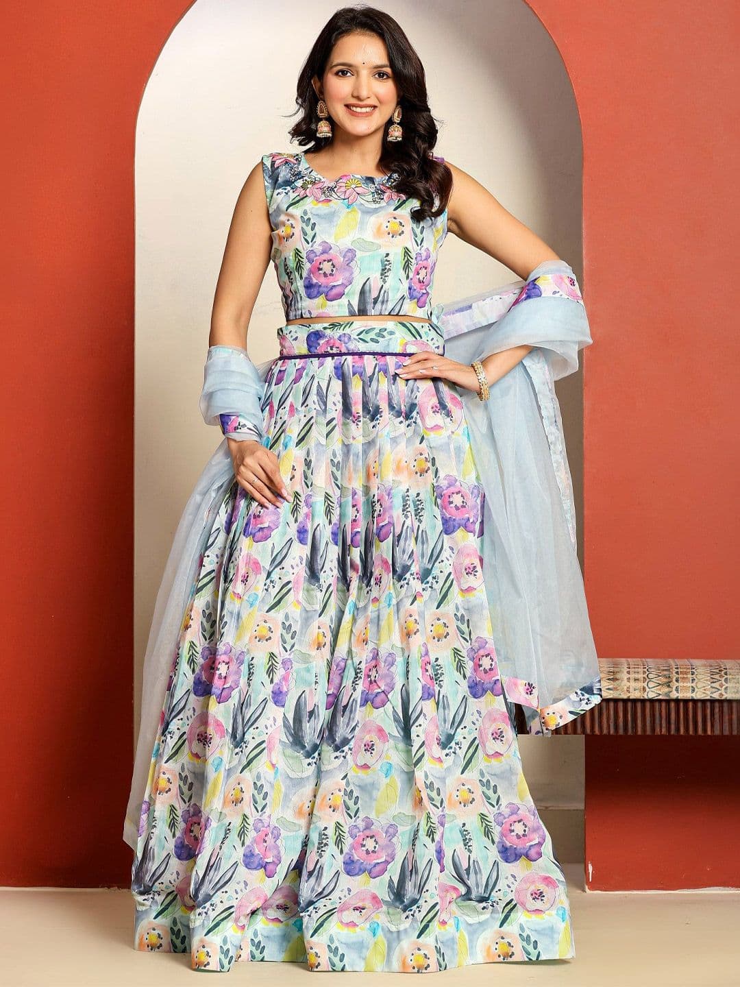 Ragavi Floral Printed Ready To Wear Lehenga & Blouse With Dupatta - view 1