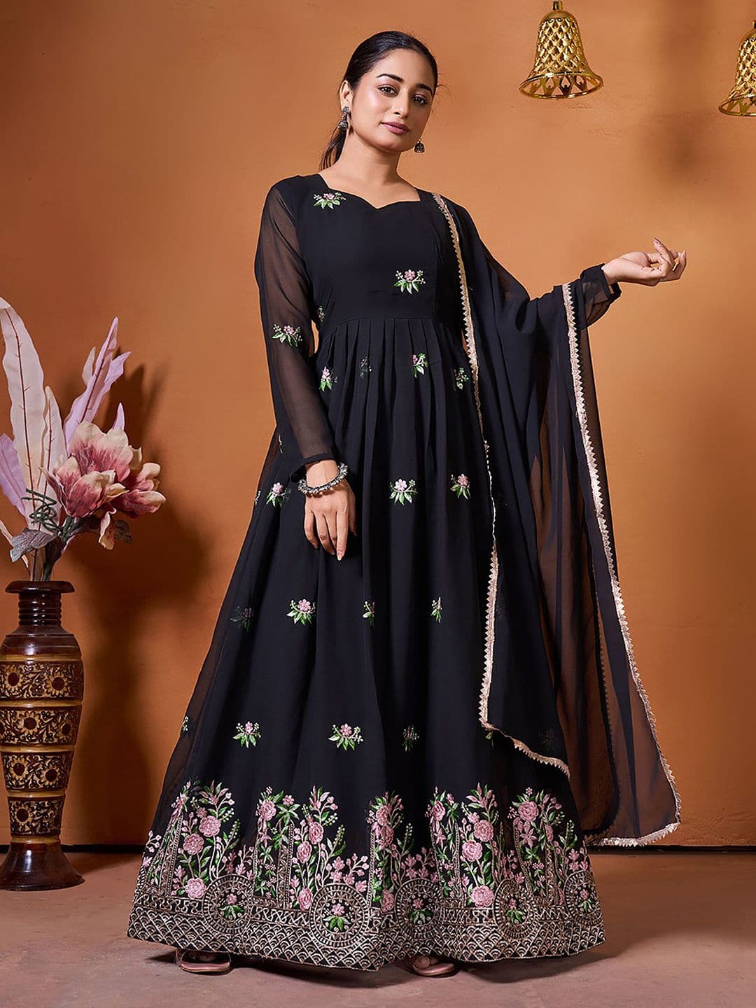 Siya Fashion Floral Embroidered Fit And Flare Georgette Maxi Ethnic Dress With Dupatta - view 1