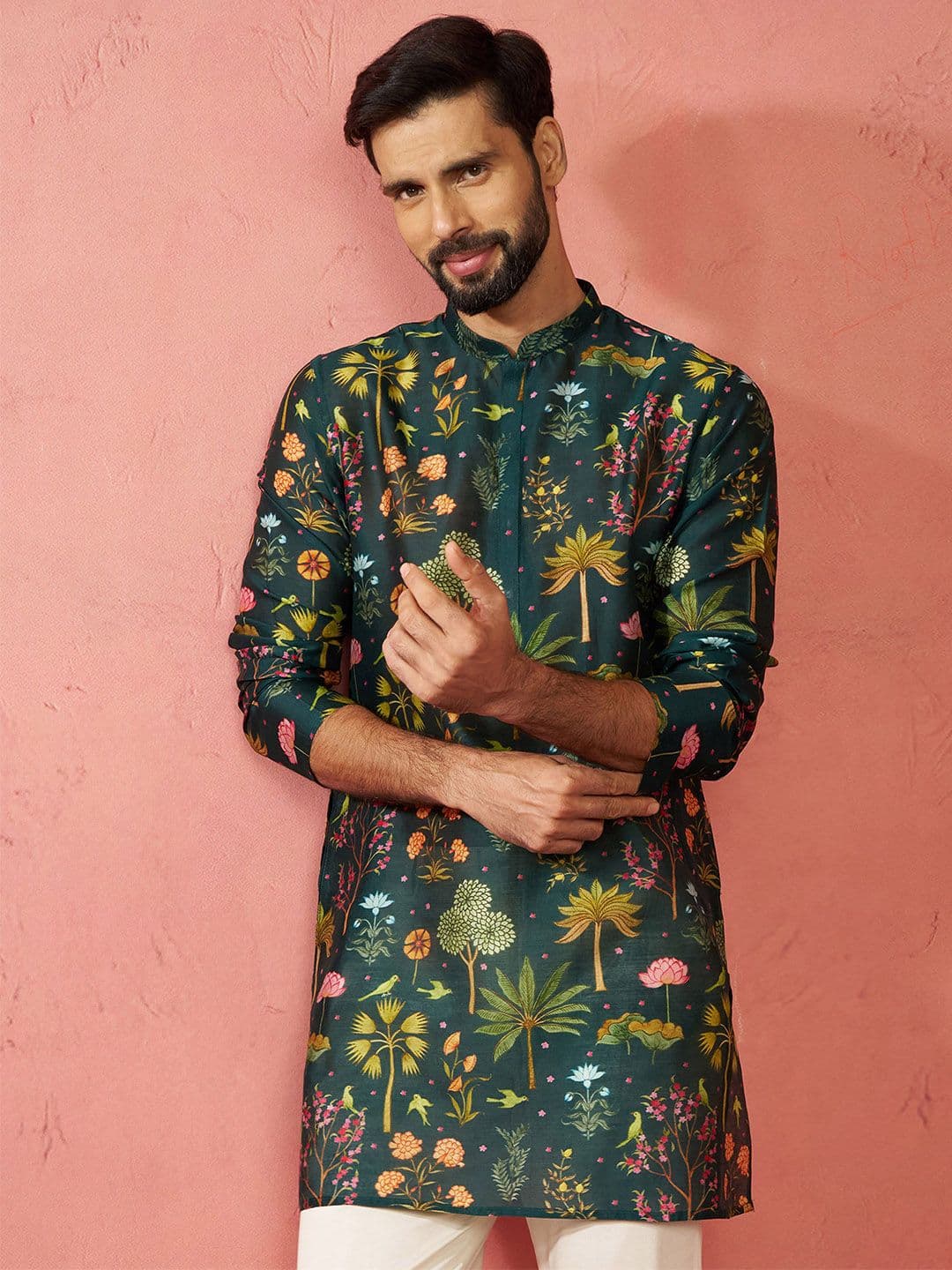 VASTRAMAY Floral Printed Thread Work Cotton Silk Mandarin Collar Straight Kurta - view 1