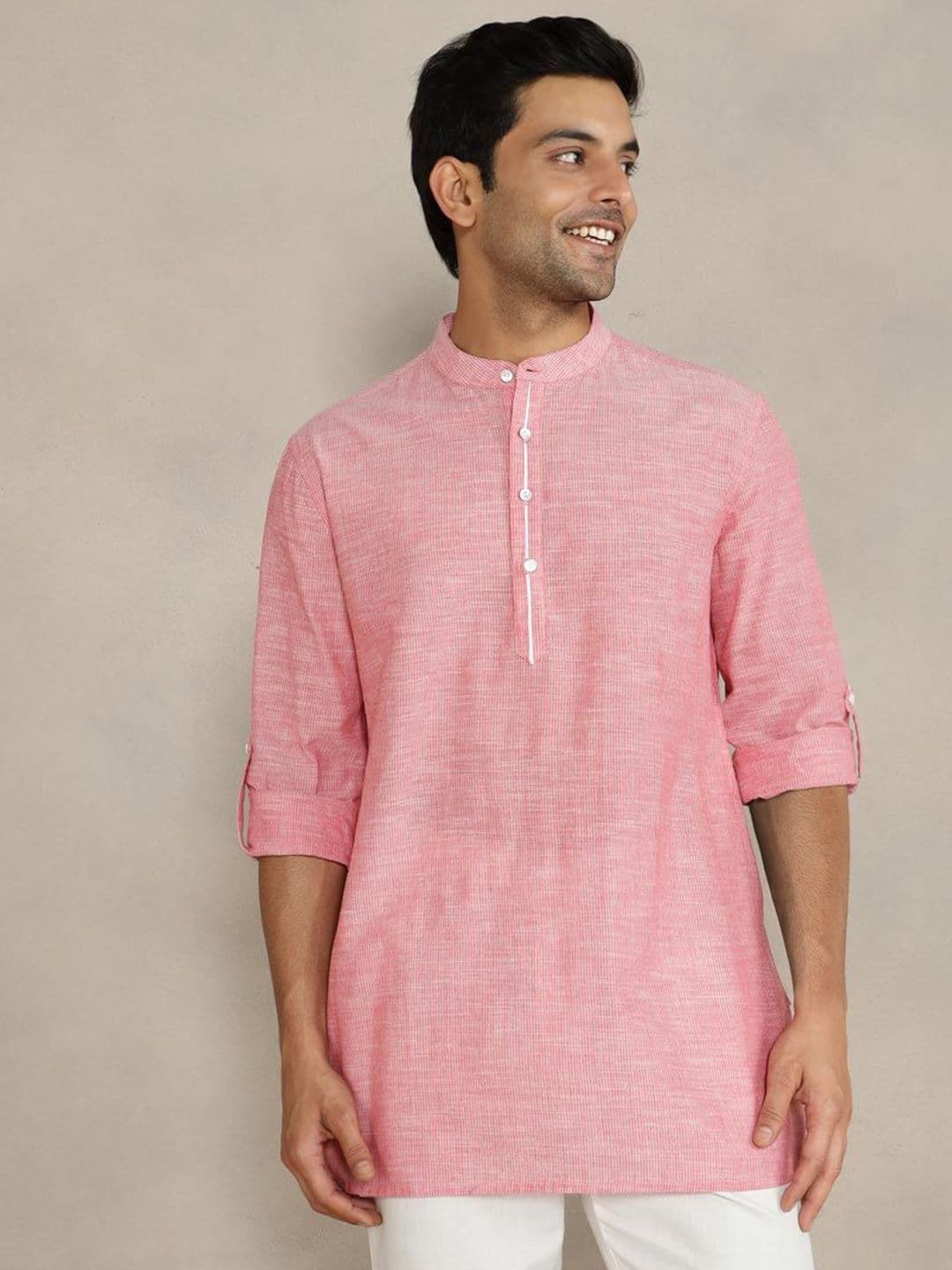 Fabindia Men Woven Design Mandarin Collar Roll-Up Sleeves Kurta - view 1
