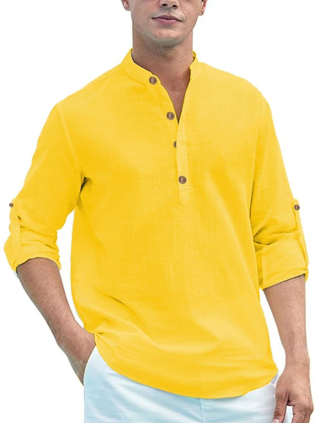 AMRIT TOP WEAR Men Mandarin Collar Roll-Up Sleeves Straight Kurta - view 1