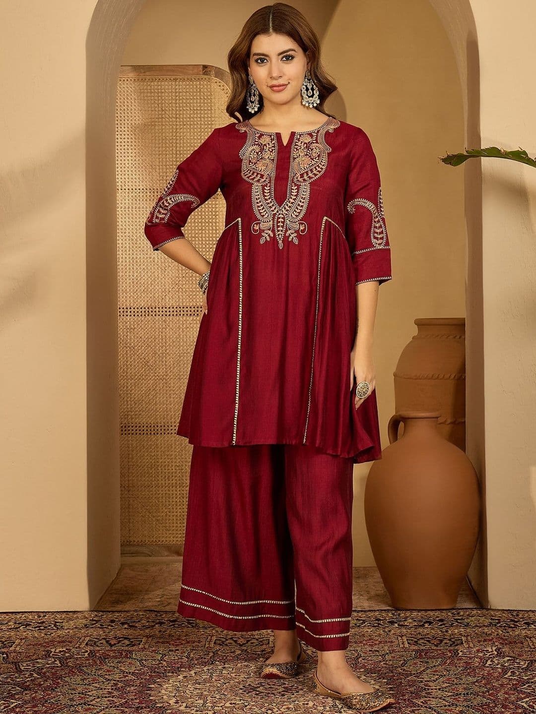 Sangria Ethnic Motifs Embroidered Thread Work Kurta With Palazzos & Dupatta - view 1
