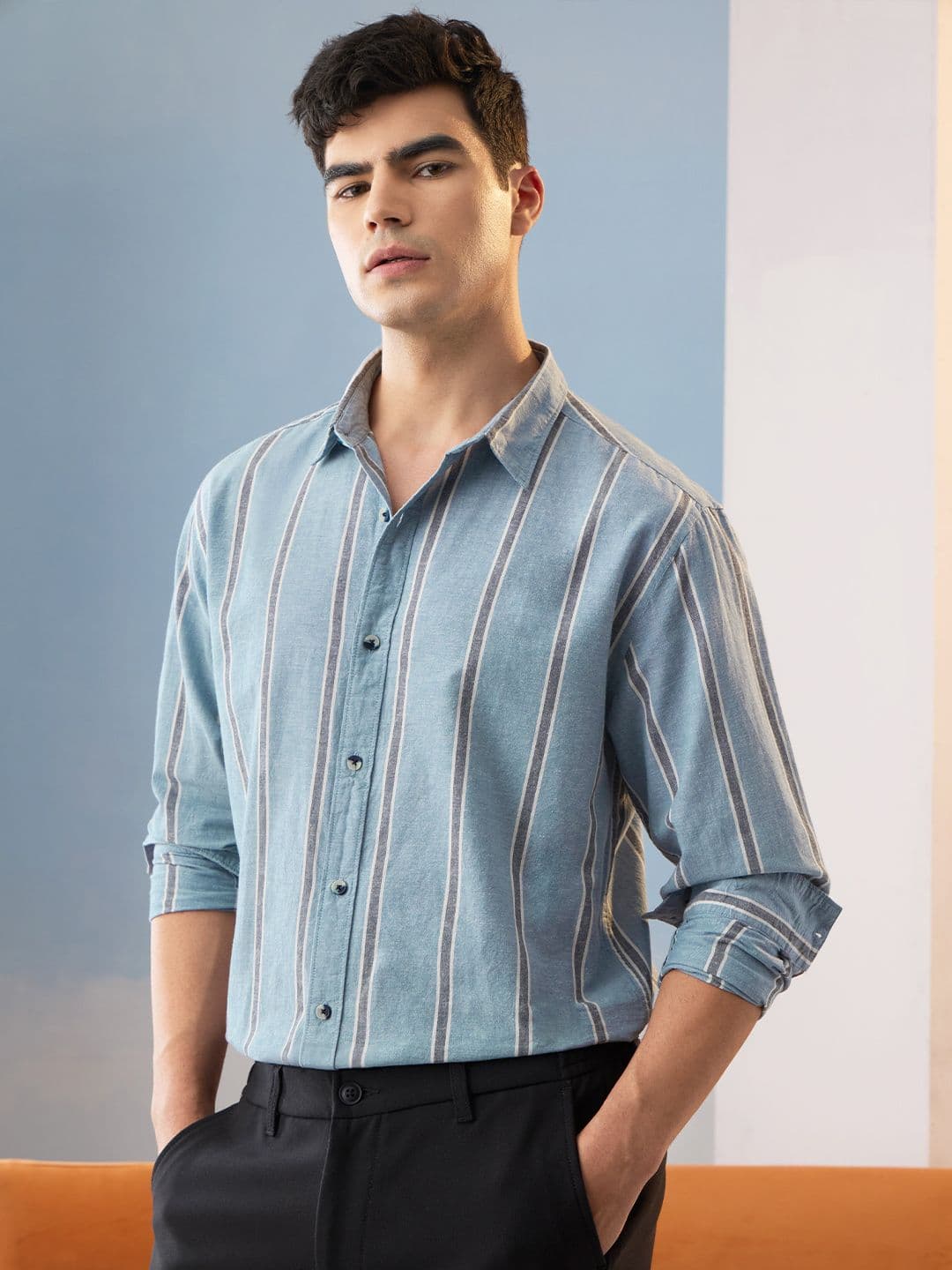 The Souled Store Lagoon Men Spread Collar Striped Cottonblend Regular Fit Shirts - view 1