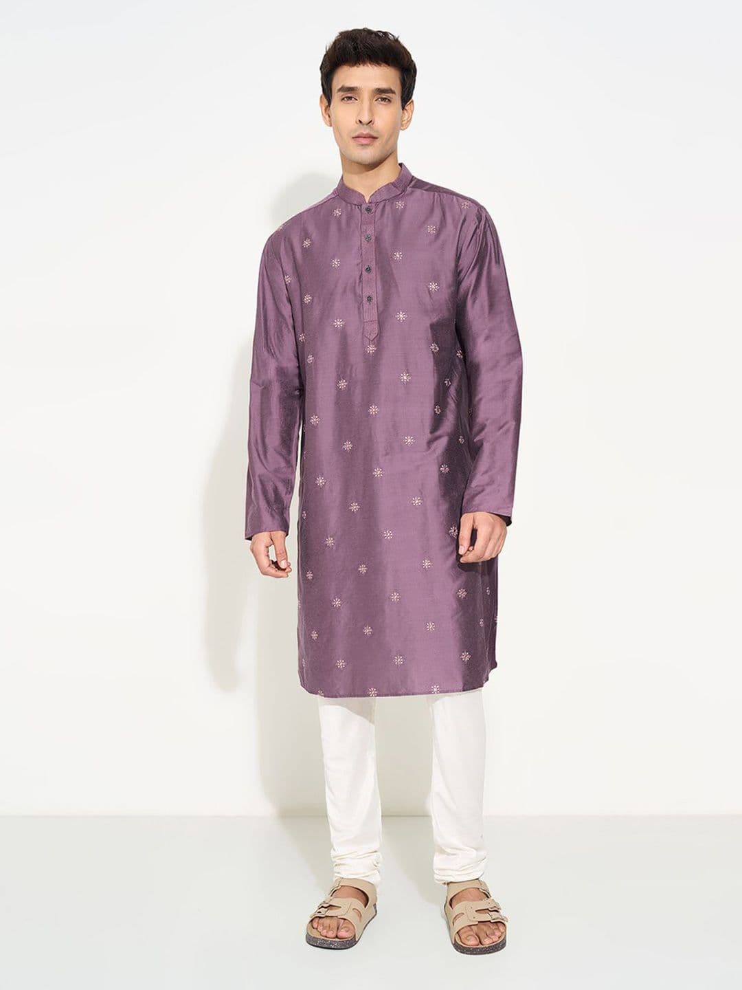 indus route by Pantaloons Men Floral Embroidered Band Collar Straight Kurta - view 1