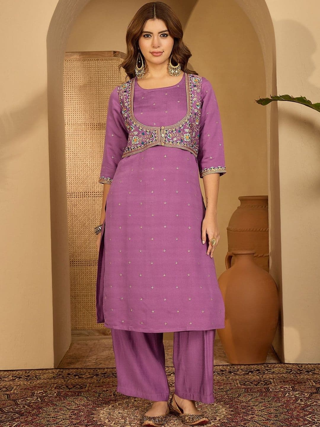 Sangria Women Ethnic Motifs Embroidered Kurta with Trouser & Dupatta - view 1