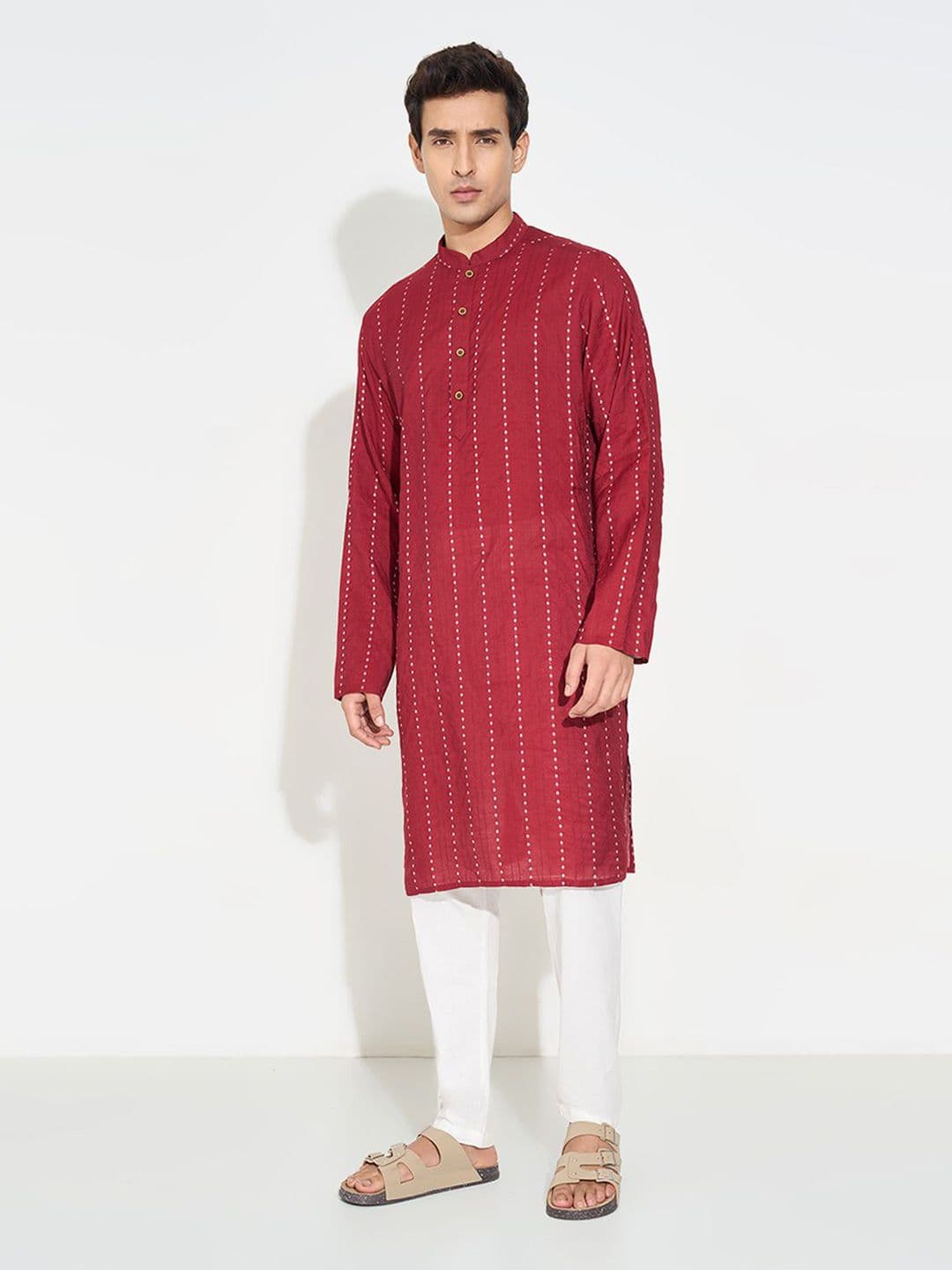 indus route by Pantaloons Striped Thread Work Pure Cotton Straight Kurta - view 1