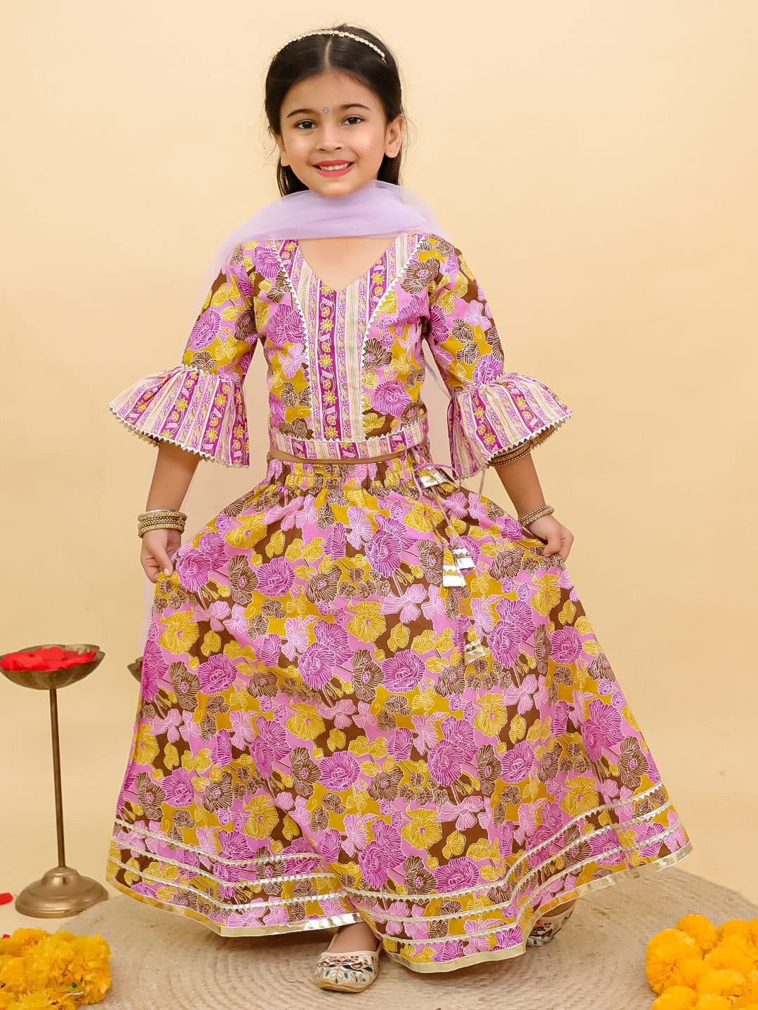 UNBIND Girls Printed Gotta Patti Cotton Ready to Wear Lehenga & Choli With Dupatta - view 1