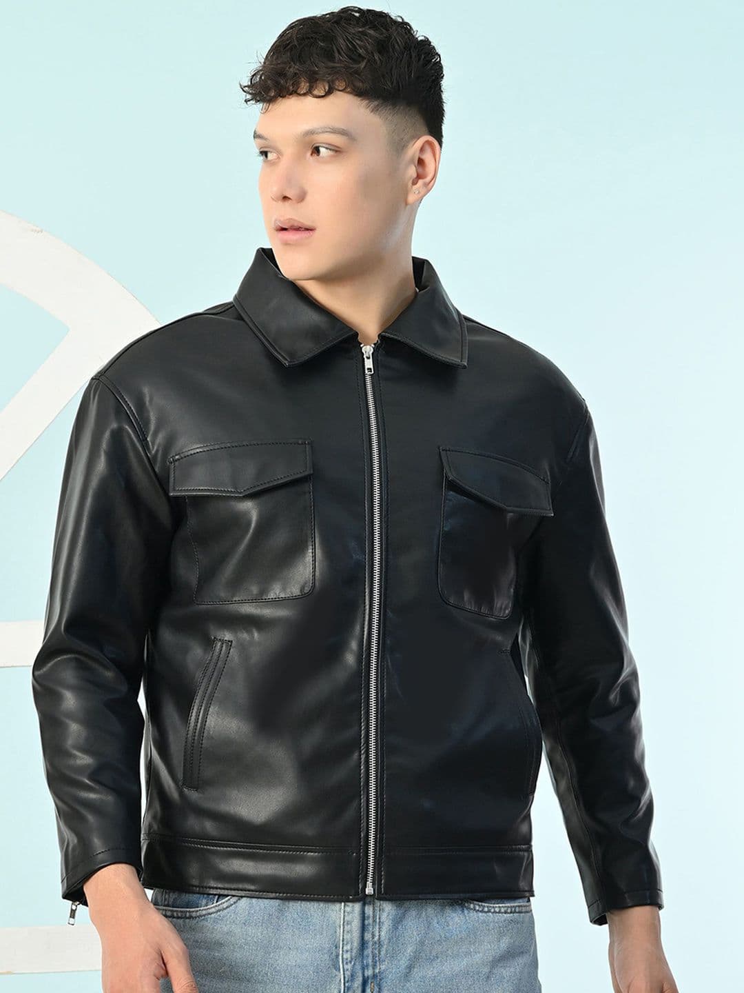 TBOJ Men Spread Collar Solid Water Resistant Leather Jacket - view 1