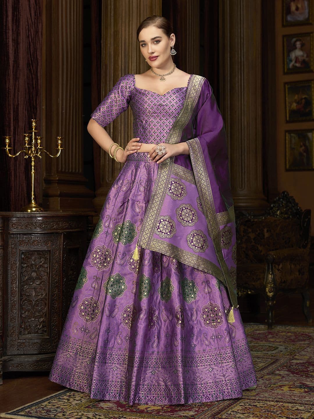 PURVAJA Woven Design Art Silk Lehenga & Unstitched Blouse With Dupatta - view 1