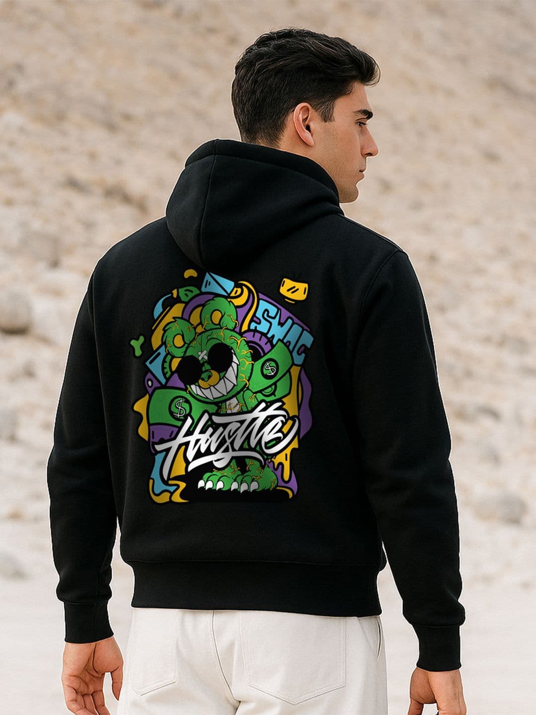 VEIRDO Men Black Graphic Printed Cotton Fleece Oversized Hooded Pullover Sweatshirt - view 1