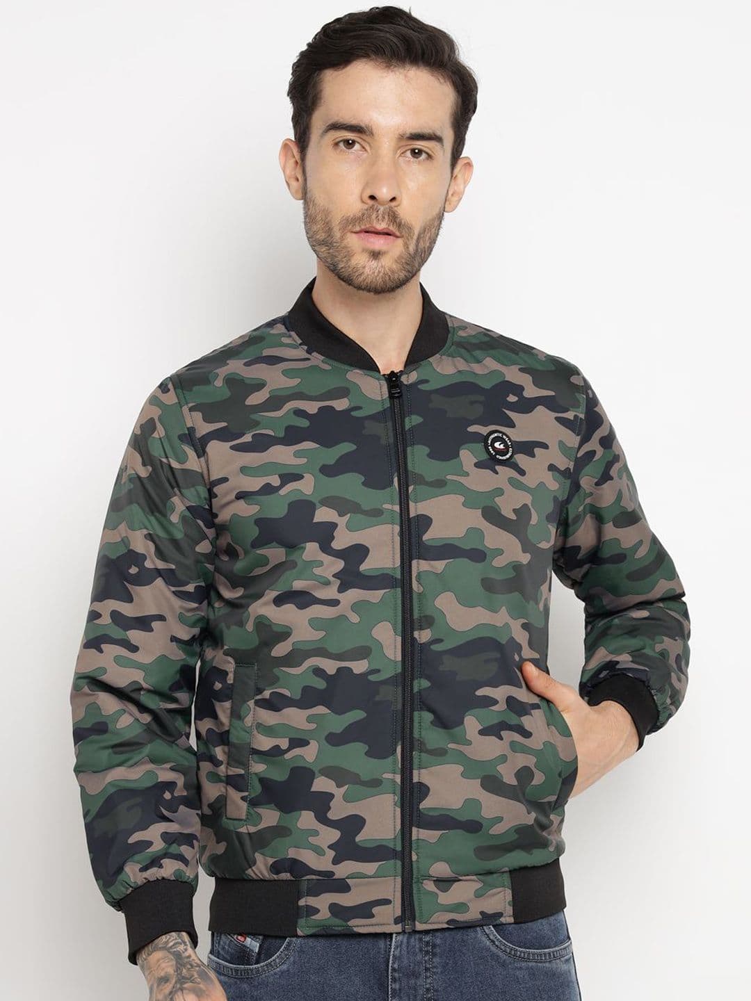 Allen Cooper Men Mock Collar Camouflage Printed Windcheater Bomber Jacket - view 1