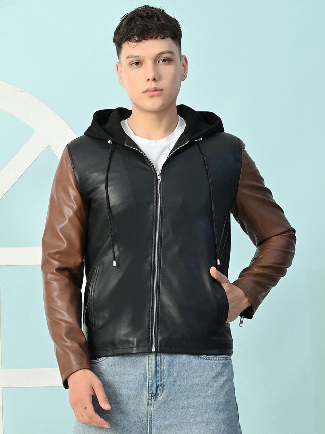 TBOJ Men Hooded Colourblocked Water Resistant Leather Jacket - view 1