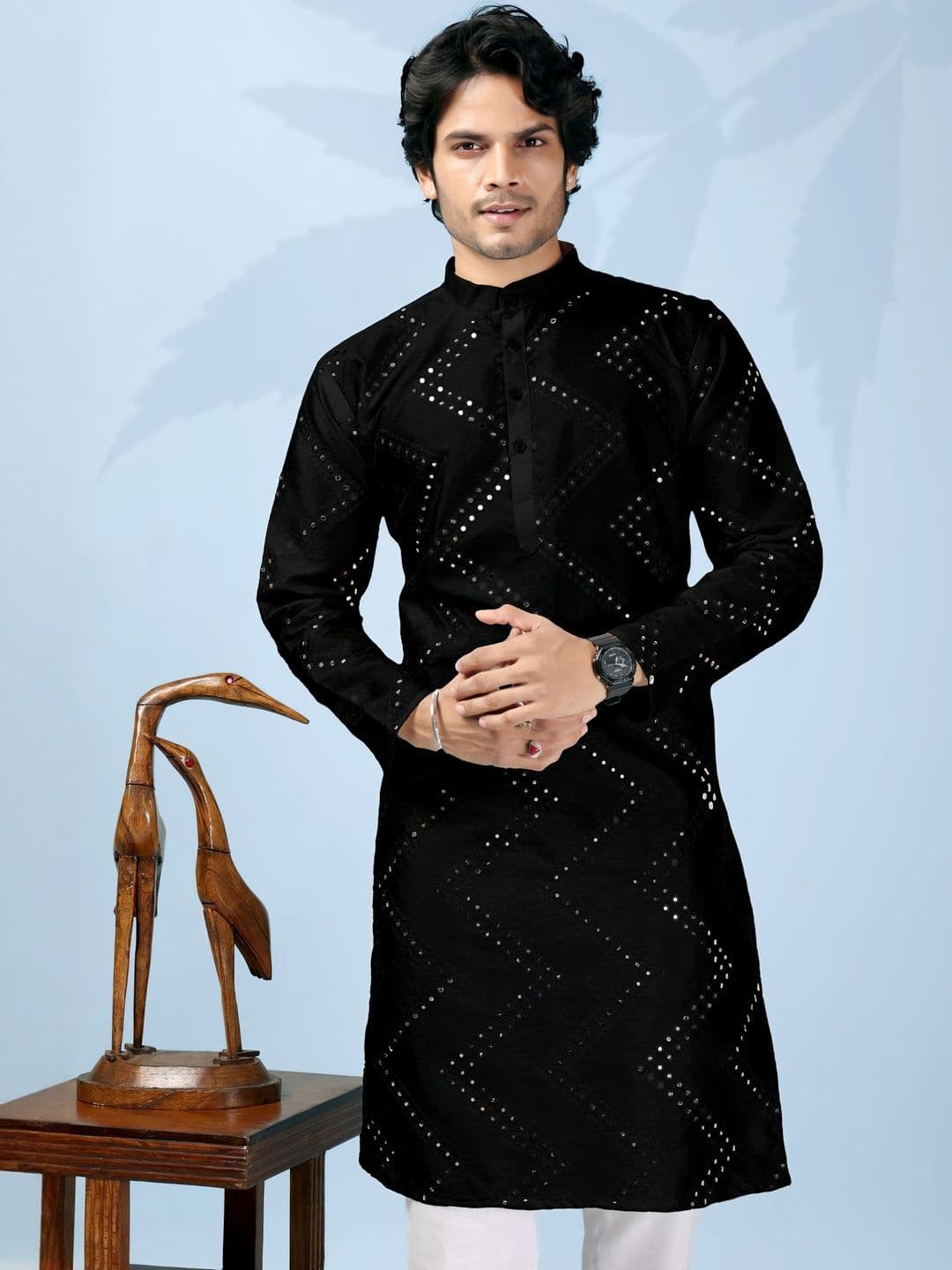 ORIFAB Geometric Woven Design Mirror Work Straight Kurta - view 1