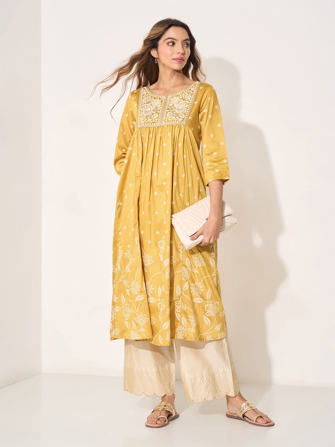 RANGMANCH BY PANTALOONS Floral Printed Round Neck Anarkali Kurta - view 1