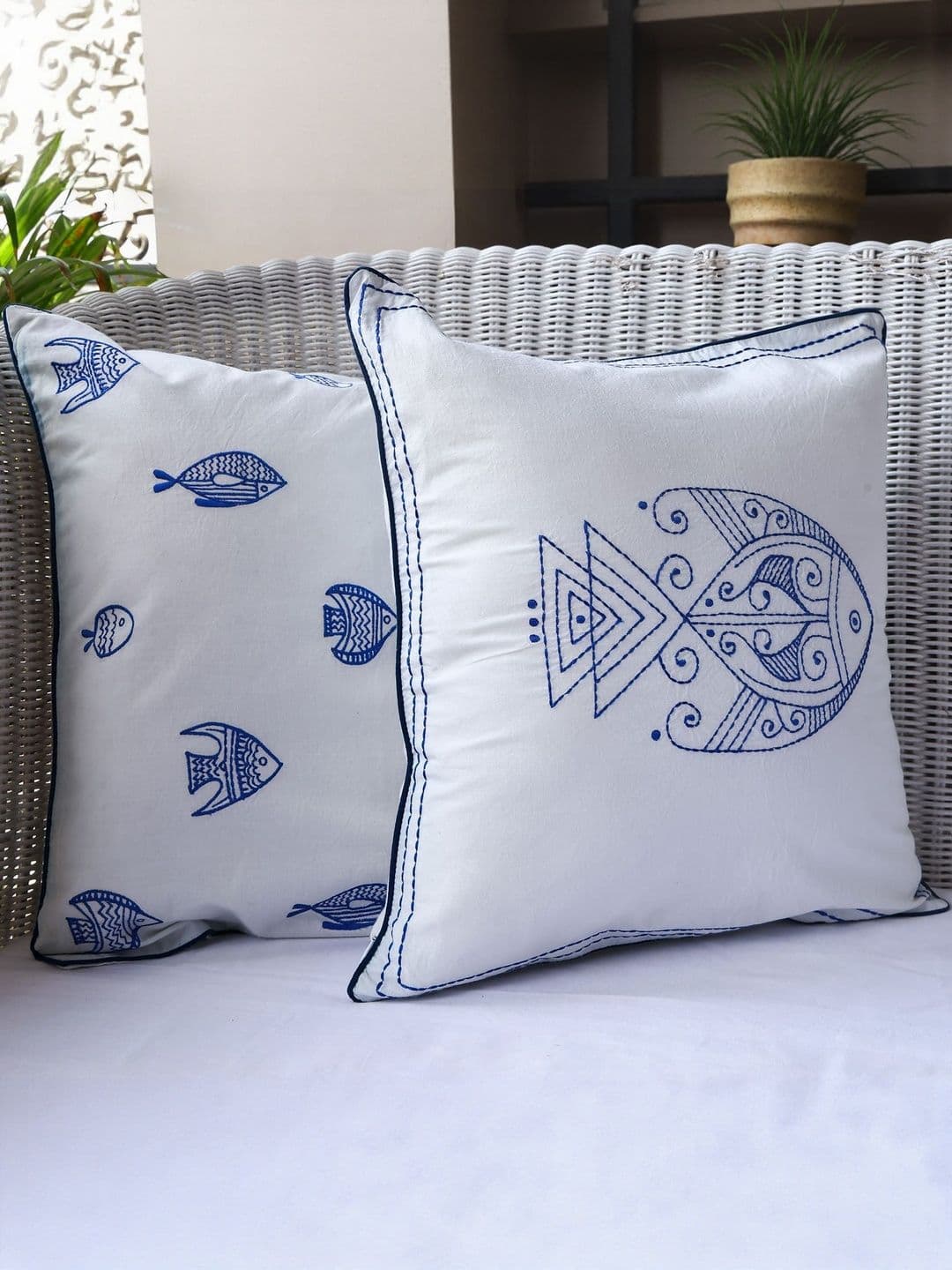 Sangria White & Blue Set of 2 Ethnic Motifs Square Cushion Covers - view 1
