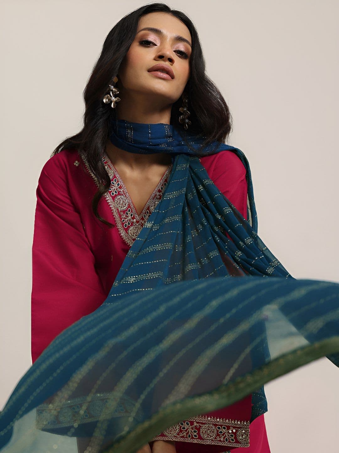 Gerua By Libas Ethnic Motifs Embroidered V-Neck Straight Kurta With Trousers & Dupatta - view 1
