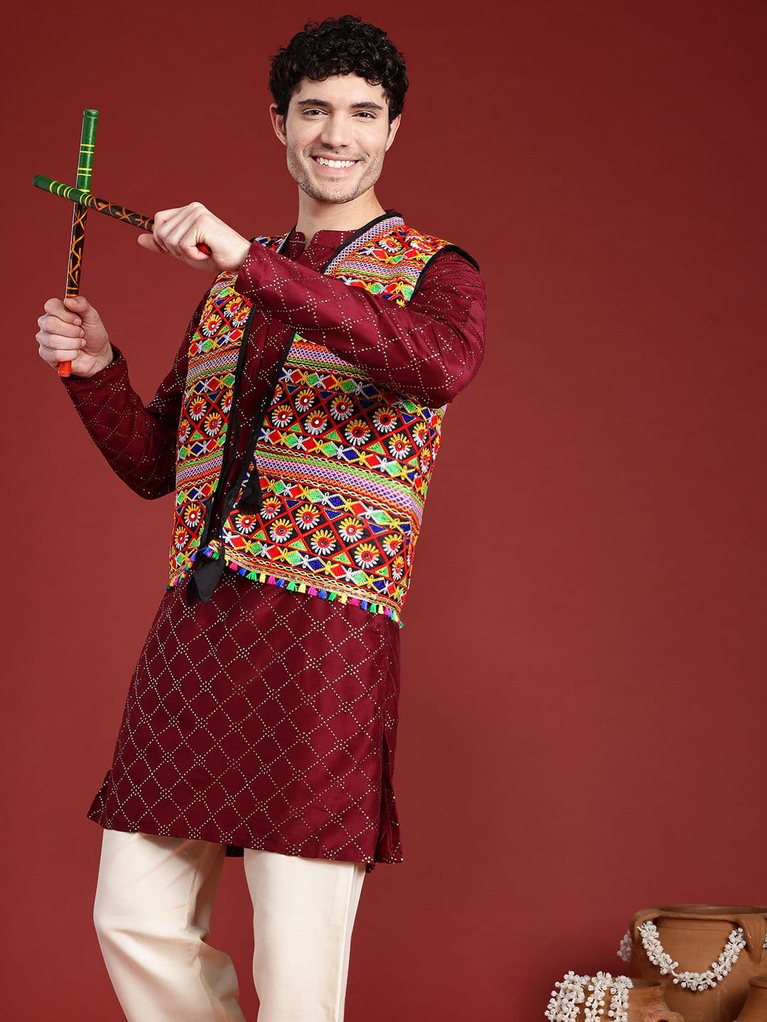 PulseIQ Embroidered Thread Work Nehru Jacket with Tie-Up Detail and Dandiya Sticks - view 1