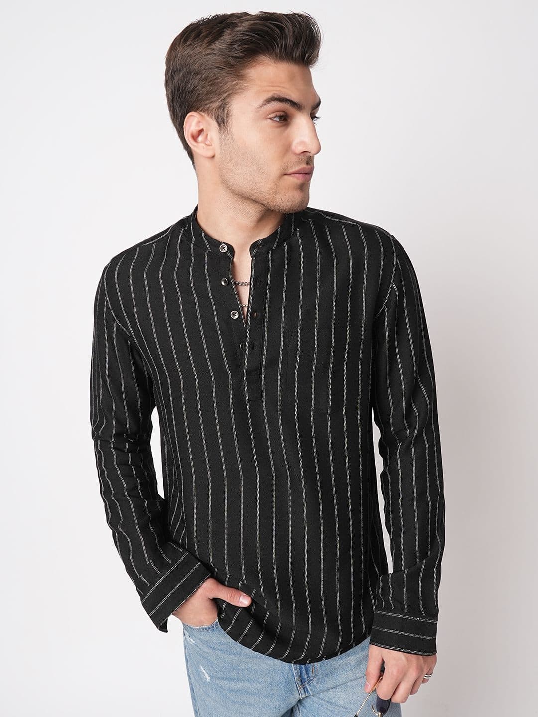 VASTRADO Black Striped Band Collar Thread Work Pure Cotton Straight Kurta - view 1