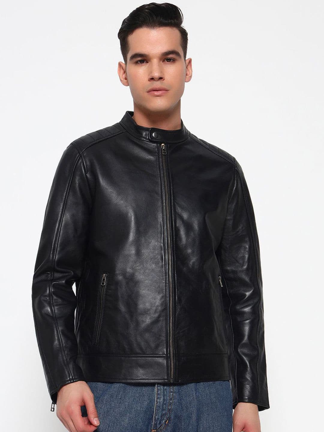 MaheTri Men Mock Collar Long Sleeve Lightweight Leather Jacket - view 1