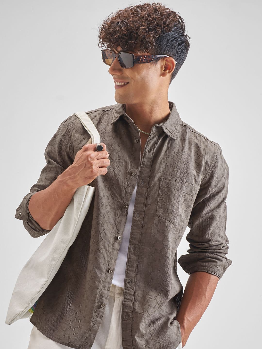 HIGHLANDER Men Dobby Slim Fit Textured Spread Collar Cotton Casual Shirt - view 1