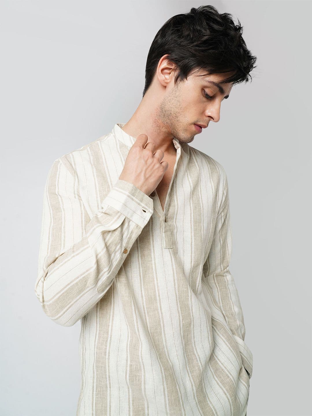 VASTRADO Men Beige Vertical Striped Mandarin Collar Thread Work Kurta - view 1