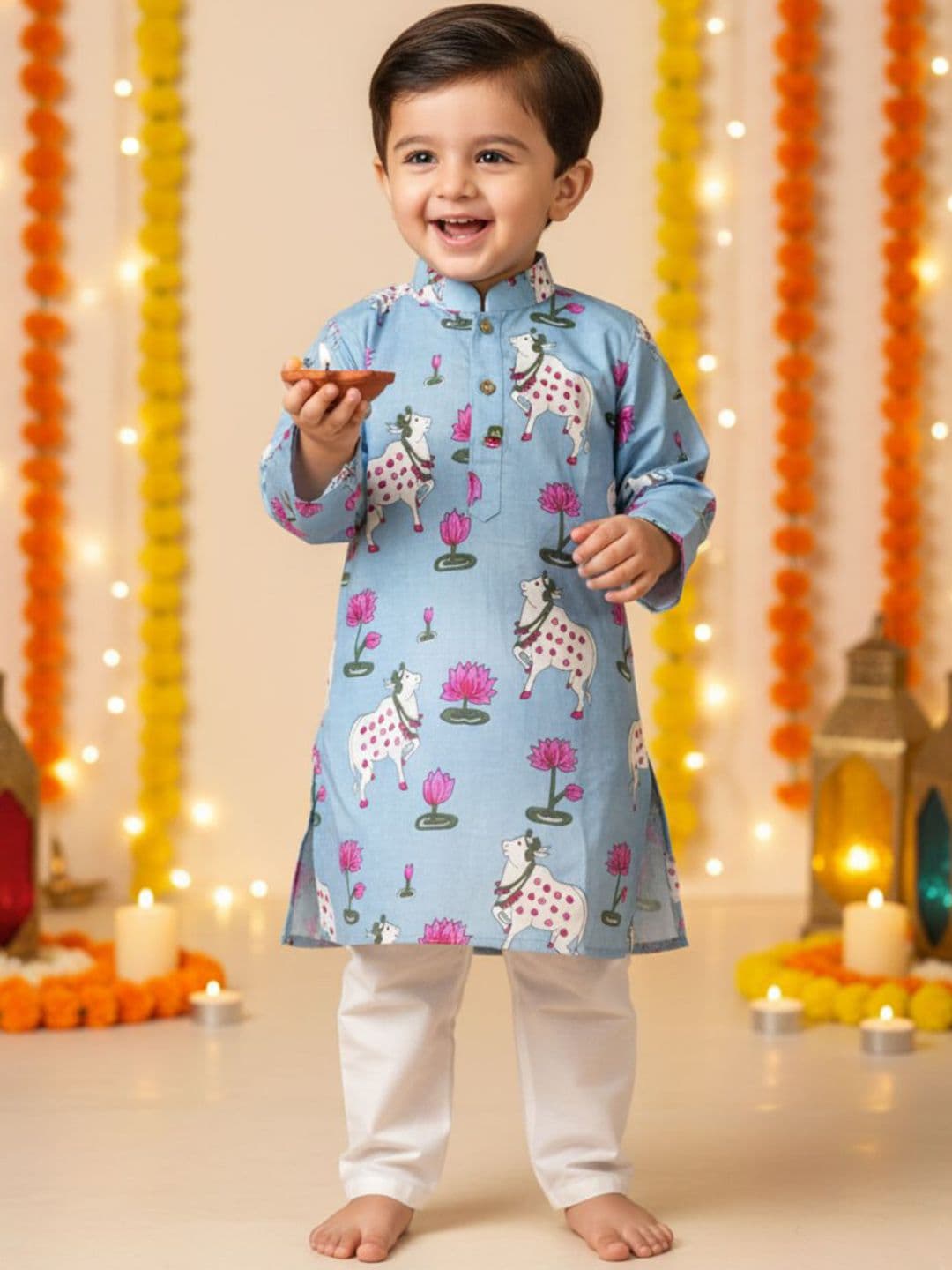 Sangria Boys Pichwai Printed Pure Cotton Kurta & Pyjamas - view 1