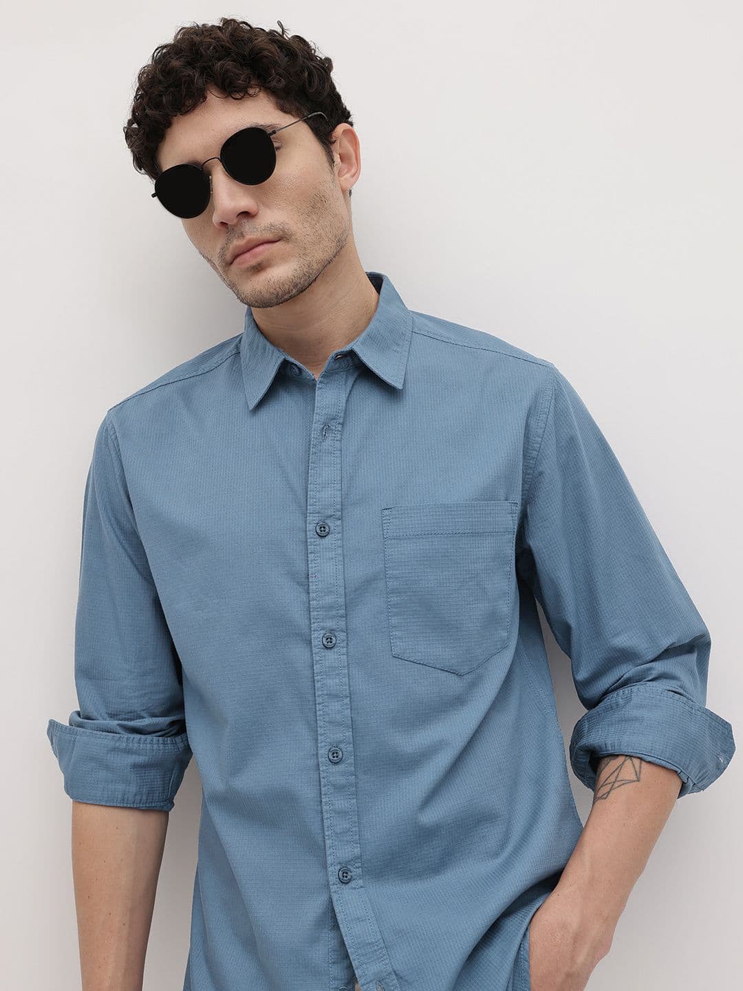 The Roadster Life Co. Waffle Knit Spread Collar Pure Cotton Regular Fit Shirt - view 1