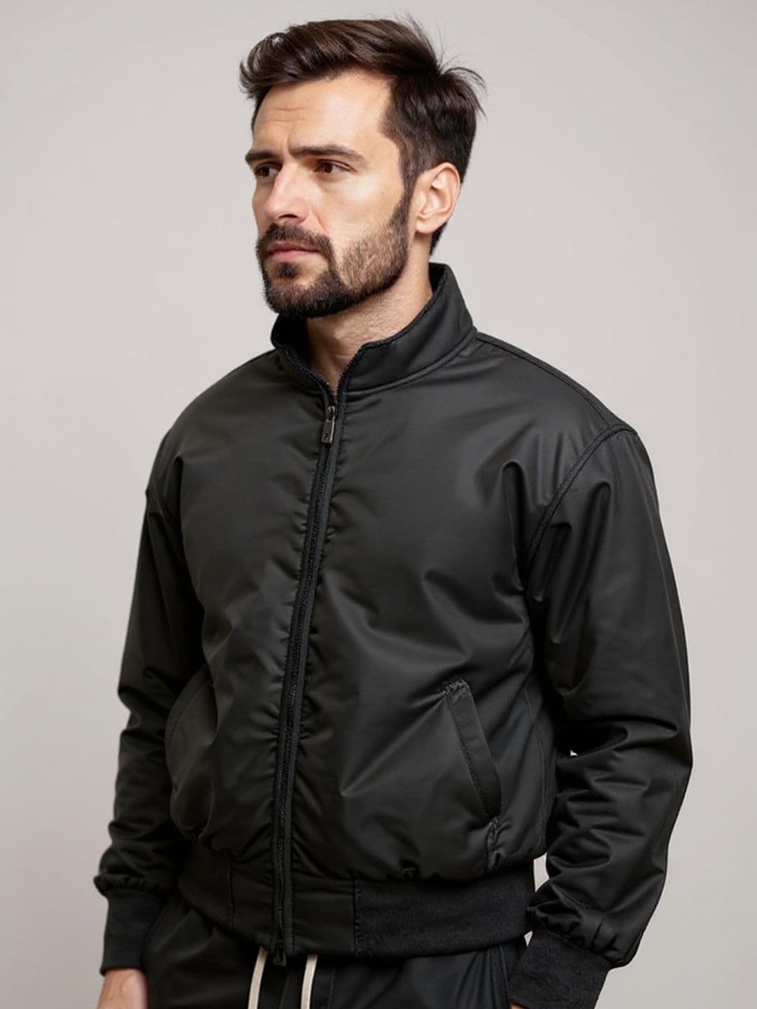 HERE&NOW Men Black Stand Collar Polyester Bomber Jacket - view 1