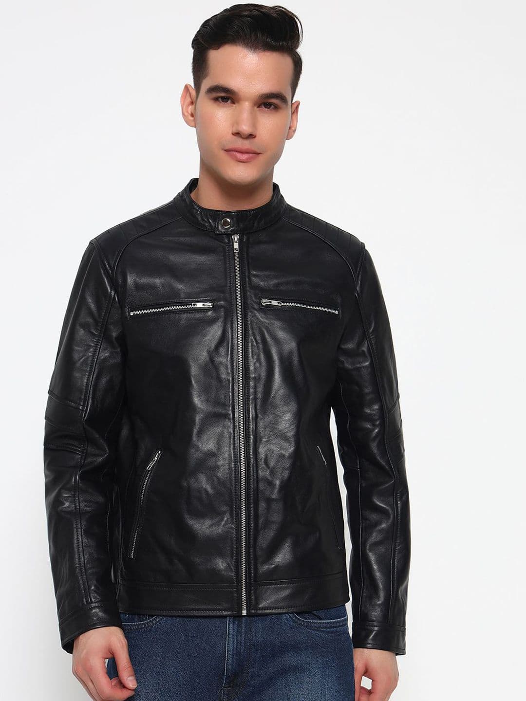 MaheTri Mock Collar Long Sleeves Lightweight Leather Jacket - view 1