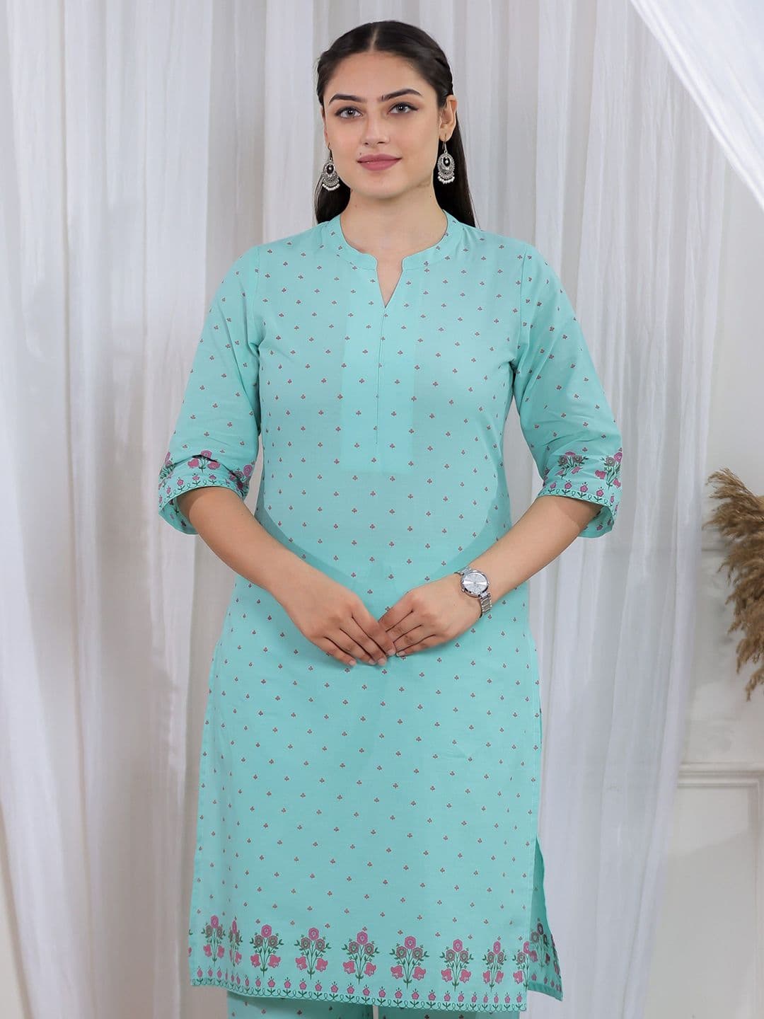 Aramya Plus Size Floral Printed Mandarin Collar Pure Cotton Kurta - view 1