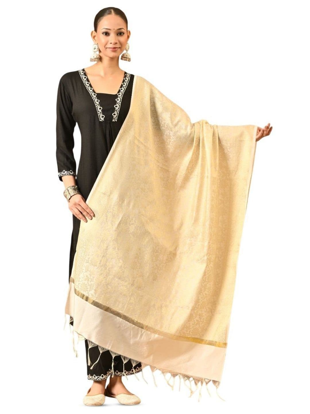A R SILK DUPATTA HUB Floral Woven Design Zari Tasselled Dupatta - view 1