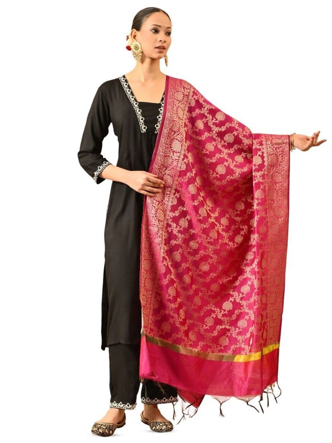 A R SILK DUPATTA HUB Floral Woven Design Zari Dupatta - view 1