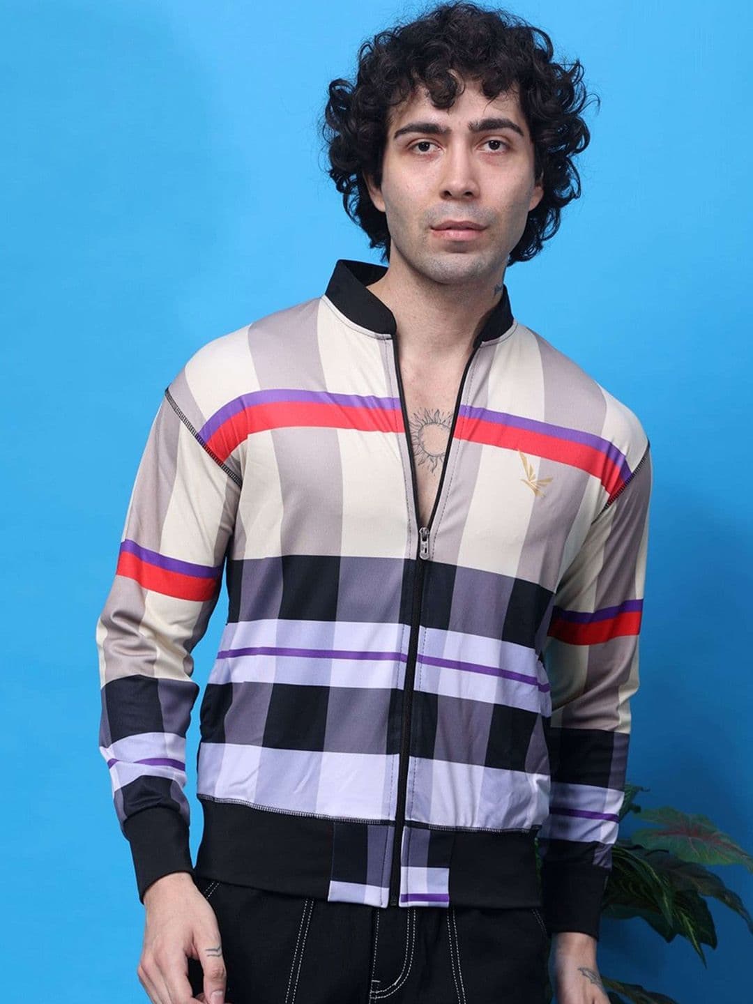 YELLOW TREE Men Stand Collar Checked Lightweight Bomber Jacket - view 1