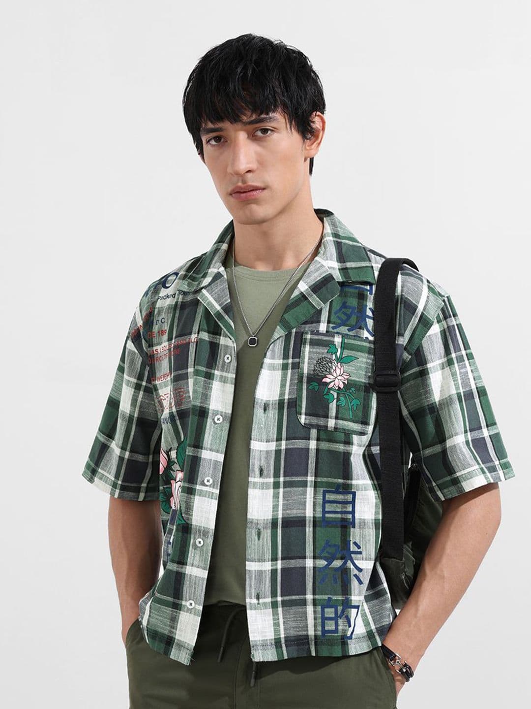 The Indian Garage Co Men Oversized Fit Checked Cuban Collar Pure Cotton Casual Shirt - view 1