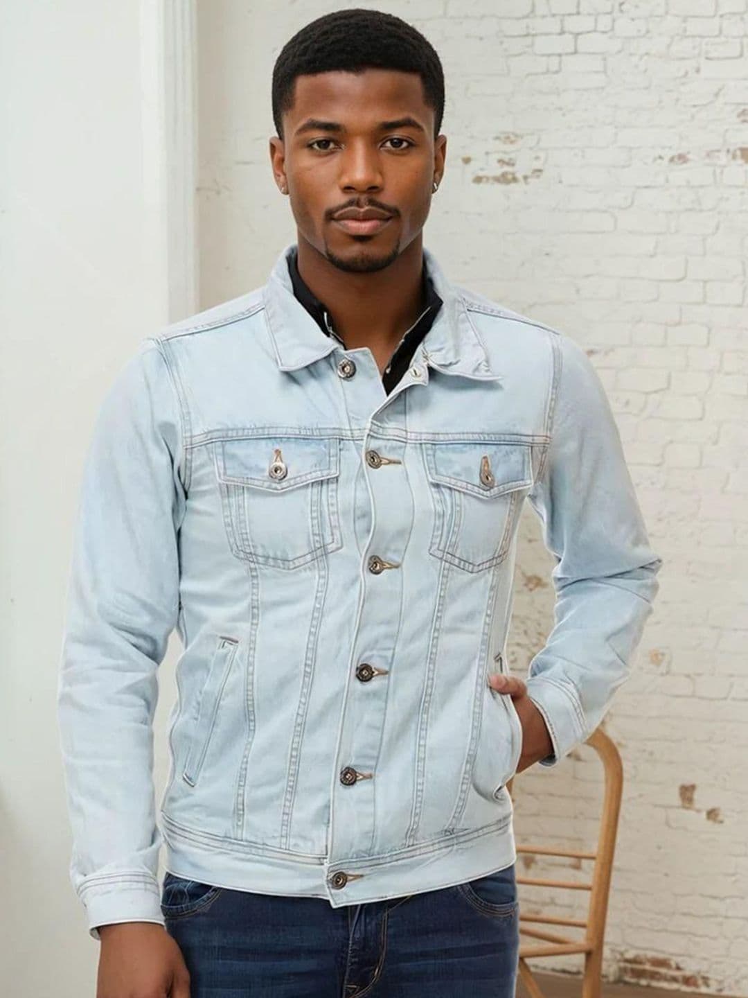 Kotty Men Spread Collar Solid Denim Jacket - view 1