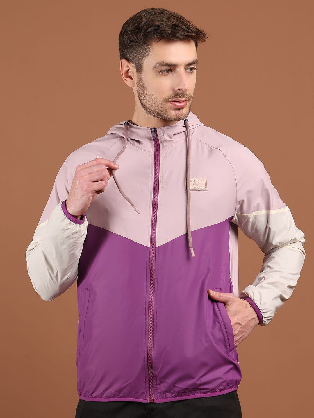 HOUSE OF VEDAS Men Hooded Colourblocked Windcheater Sporty Jacket - view 1