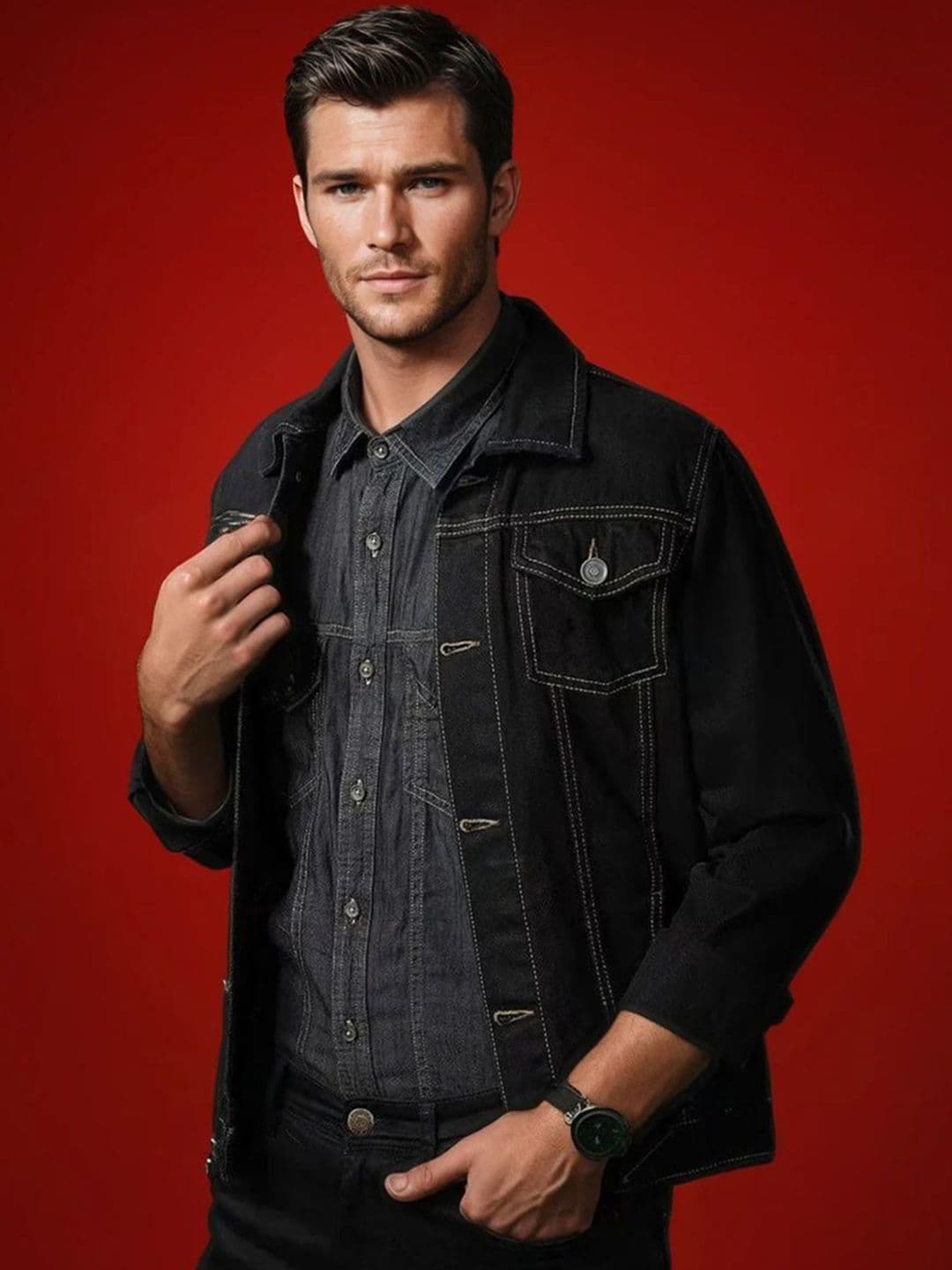 Kotty Men Spread Collar Solid Denim Jacket - view 1