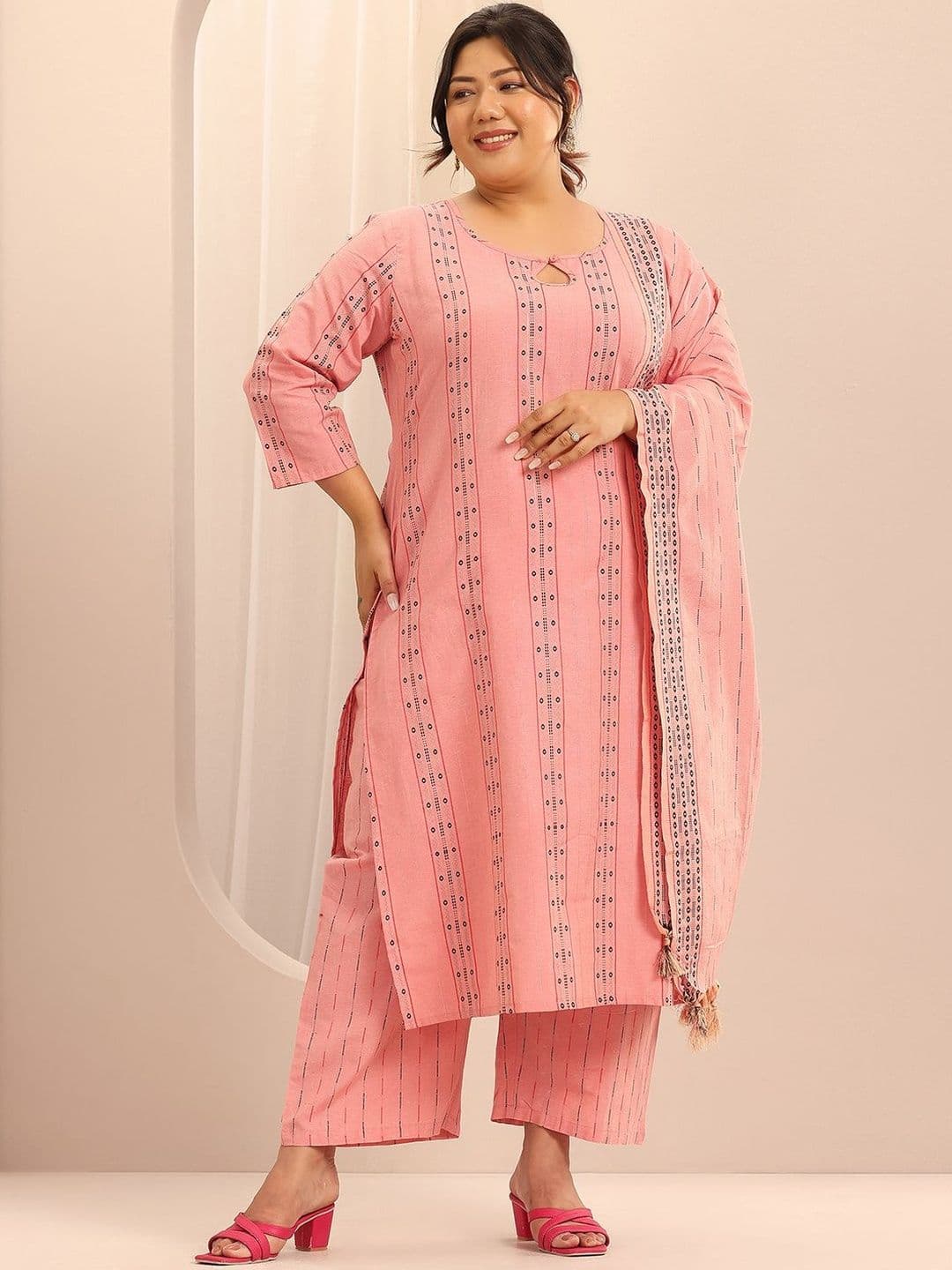 EXTRA LOVE BY LIBAS Women Plus Size Striped Printed Kurta with Palazzos & Dupatta - view 1